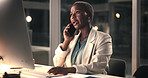 Phone call, computer and black woman in office at night with negotiation for investment deal. Cellphone, communication and African female financial manager on mobile discussion with client deadline.