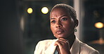 Reading, night or black woman in office with desktop, fact checking or approval of research report. Bokeh, information or employee in agency with tech, solution and review of online paper in overtime