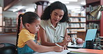 Education, help and teacher with child in library for tutoring, teaching or learning homework. Knowledge, notebook and female educator with girl student for school assignment, project or test.