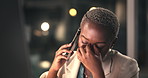 Phone call, night or black woman in office with headache, frustration or update mistake on late shift. Bokeh, pain or consultant in agency with tech, poor communication or deadline issue in overtime.