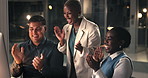 Computer, applause and business people with celebration at night for profit increase, goal or target. Overtime, technology and happy team clap for success, investment achievement or office milestone