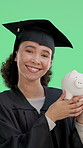Piggy bank, happy and face of woman graduate in studio with finance savings for future education. Smile, investment and portrait of female student with money box for graduation by green background.