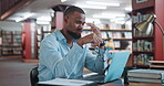Headache, glasses or black man in library with laptop, mistake or frustration for online paper. Space, tech or student in college with migraine, deadline pressure or stress in remote education.
