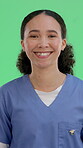 Smile, nurse and face of woman on green screen for healthcare worker, about us and fertility clinic assistant. Medical professional, pride and happy with person on studio background for obstetrics