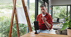 Artist, man and painting with phone for live stream, promotion of artwork or social media. Influencer, painter and mature person with tech for hobby, talent or creative skill for canvas in home