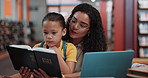 Library, child and woman with bible, reading and devotion with book, teaching or spiritual knowledge. Learn, theology and person with holy scripture for religion, tutor and explaining belief to girl