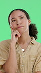 Thinking, vision and wonder with woman on green screen for problem solving, college solution and planning. Scholarship brainstorming, future and reflection with person on studio background for idea