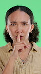 Hush, privacy and face of woman on green screen for announcement, secret and silence. Gossip, private information and rumor with portrait of person on studio background for emoji, mute and news