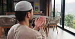 Muslim, man and praying with salah at house for gratitude, islamic faith and worship Allah on Eid. Male person, prayer and dua with spiritual belief, religious devotion and praise to God of tradition