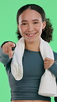 Face, fitness and pointing with woman on green screen for gym membership, health or sign up. Choice, exercise and towel with smile of happy person isolated in studio for decision, selection or vote
