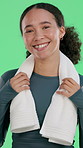 Fitness, happy and face of woman in studio with wellness, exercise and training for weightloss. Smile, towel and portrait of female person from Brazil with confidence for workout by green background