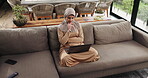 Muslim, woman and thinking with laptop, home and plan for freelance project, copywriter and creative. Above, reflection and person with hijab for religion, remote work and ideas for email marketing