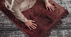 Pray, hands and man in home for muslim religion, worship and praise to Allah with mindfulness and gratitude. Above, faith and person bow in islam for peace, mat and culture with prayer in house