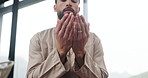 Below, muslim and praying with man at house for gratitude, islamic faith and worship Allah on Eid. Male person, prayer and dua with spiritual belief, religious devotion and praise to God of tradition