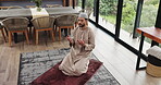 Muslim, man and above prayer for faith with dua, salah or praying with Islam in home. Respect, devotion and Islamic person in house for gratitude, trust in God or Allah for religion with worship