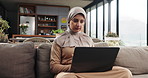 Remote work, thinking and woman with laptop, internet and research for article, blog and submission. Muslim person, house and journalist on sofa, pc and deadline for news report, planning and choice