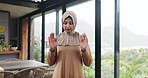 Muslim, woman and pray for faith with worship, start salah or prayer routine with Islam in home. Respect, devotion and Islamic person in house for gratitude, trust in God or Allah for religion