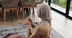 Muslim, woman and praying with salah at house for gratitude, islamic faith and worship Allah. Female person, prayer and holy dua of spiritual belief, religious devotion and praise to God of tradition