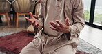 Hands, Islam and man with couple praying together in living room, dua or worship with devotion to God. Person, partner and prayer in home with religion, faith and Muslim people with salah in house