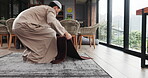 Prayer mat, man and finish in home with muslim religion, worship and praise to Allah with mindfulness. Spiritual, faith and person in islam for peace, praying and gratitude or done on floor in house