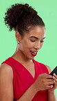 Phone, typing and smile with woman on green screen for communication, social media and relationship chat. Online dating profile, connection and networking with person on studio background for app