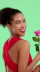 Face, woman and smile with rose on green screen for valentines day gift, romantic date or gratitude. Kindness, happy person and pink flower for floral present, love celebration and devotion offering