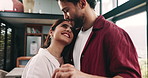 Dance, relax and love with couple in living room for support, celebration and happiness. Music, smile and trust with man and woman hugging in home for wellness, commitment and marriage together