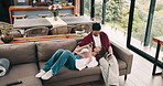 Happy couple, relax and talk on sofa with phone for social media, online communication or connection. Above, married people and tech in home for browsing internet, bonding together and conversation.