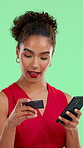 Credit card, phone and online shopping with woman on green screen for savings, payment and sale. Discount code, ecommerce app and digital purchase with person on studio background for bank account