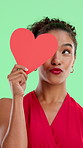Face, heart and valentines day with woman on green screen for celebration, event or romance. Emoji, shape and smile with happy person isolated in studio for connection, date or symbol of love