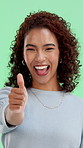 Face, thumbs up and woman with smile, green screen and agreement with success on studio background. Happy person, hand gesture and feedback with emoji, icon and symbol with like, winning and vote