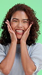 Screaming, surprise and face of woman on green screen for news, announcement shock and wow. Excited, omg and mind blown with female person on studio background for shout, emoji and discount or sale