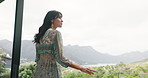 Hotel, view and woman on balcony for reflection with holiday, vacation and morning break Thinking, hospitality and back of person outdoor for relax, calm and peaceful with travel and accommodation
