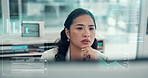 Thinking, trading and computer with business woman in office for tracking stock market, graph overlay and research. Broker data, account review and vision with person in agency for investment profit