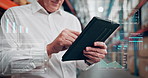 Hands, overlay and tablet with person in warehouse for inventory, stock or storage management. App, digital distribution and supply chain with employee man in depot for logistics or planning