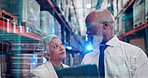 Data, overlay or people in warehouse with tablet, online logistics or quantity control in discussion. Team, flare or operation manager in depot with tech, review or problem identification on graphs.