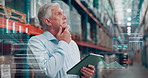 Overlay, tablet and thinking with man in shipping depot for inventory, stock or storage management. App, digital checklist and supply chain with mature employee in warehouse for logistics or planning