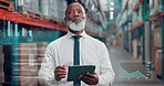 Overlay, planning and tablet with black man in warehouse for inventory, stock or storage management. App, supply chain and thinking with mature employee in depot for digital shipping or logistics