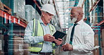 Overlay, people and tablet with data at warehouse for logistics, inventory and supply chain analysis. Mature men, team and digital with graphs, stock increase and statistics growth for distribution