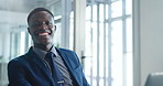 Happy, laptop and face of black man in office with confidence for finance career development. Smile, computer and portrait of African financial manager with pride for business growth in workplace.