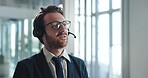 Consultant, man and talking with headset in call center for telesales, lead generation and FAQ. Telemarketing agent, person and speaking to outbound client for product knowledge, upsell and follow up
