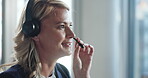 Consultant, woman and talking with headset in call center for telesales, lead generation and FAQ. Telemarketing agent, person and speaking to outbound client for product knowledge, upsell and space