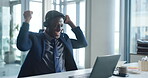 Happy, businessman and celebration in video call with laptop for good news, success or project milestone. Excited, black person and cheer in office with computer for profit goal, achievement and win.