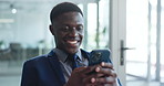 Cellphone, typing and black man in office on break with networking, chatting or social media. Technology, research and African business manager on phone for communication on mobile app in workplace.