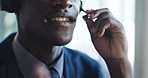 Mouth, talking and black man in call center with mic for customer service, financial advice or loan. Lips, contact us or consultant speaking with headset for banking solution, virtual support or help