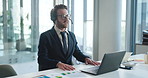 Headset, laptop and businessman in office with customer service, communication or crm. Video call, helpdesk and male technical support consultant with mic for online query with contact in workplace.