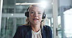 Headset, video call and businesswoman in office with customer service, communication or crm. Online meeting, talk and portrait of female financial consultant with mic for virtual webinar in workplace