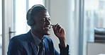Happy, man and telemarketing with headset, call center and talking with contact for sales and offer. Friendly, agent and black person with mic for customer service, lead generation and consultation