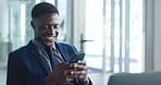 Phone, laughing and black man in office on break with networking, chatting or social media. Technology, research and African business manager on cellphone for communication on mobile app in workplace