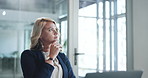 Thinking, business and woman with laptop in office for accounting, finance planning and solution. Thoughts, person and ideas for company budget, financial decision and problem solving for investment